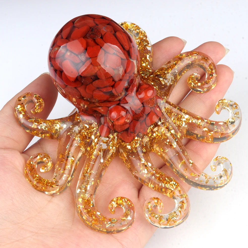 Natural Crystal Agate Stone, Crushed Stone, Adhesive Resin, Octopus, Squid Tabletop Landscape Ornaments, Home Crafts Daily Gifts