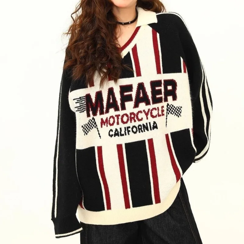 

American Retro Contrasting Sweater for Women Spring Autumn Loose and Lazy Style Versatile Knitted Top Trendy Polo Collar Jumpers