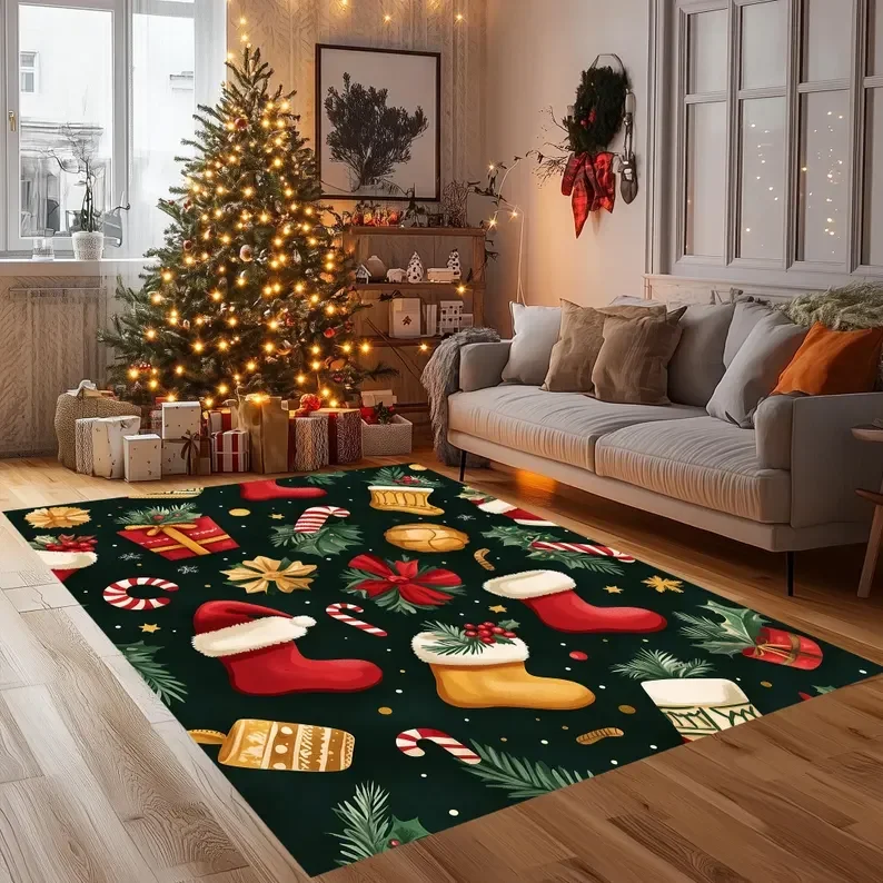 Christmas Tree Pattern Rug Holiday Living Room Bedroom Retro Home Decoration