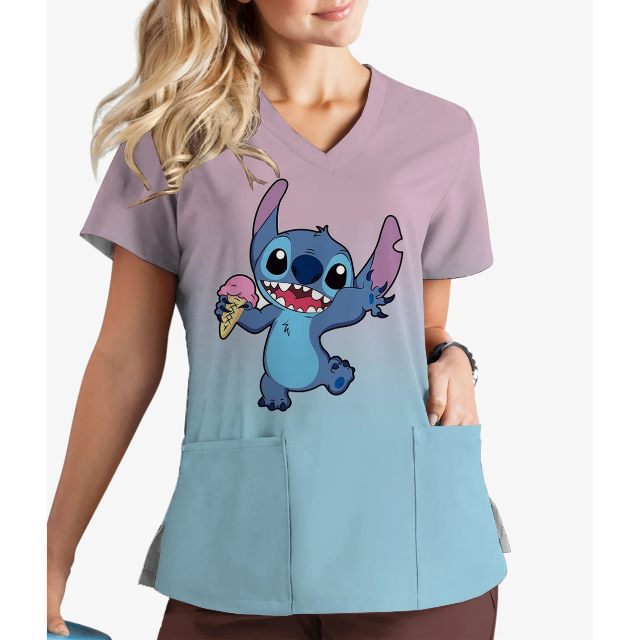 

Nurse Uniform Summer Disney Stitch Print Women's Casual Comfortable Frosted V-neck Short-sleeved Doctor Work Uniform