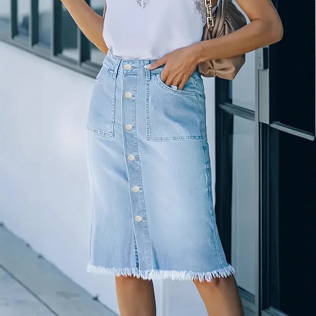 

Women High Waist Denim Skirts Button Pockets Knee Length Straight Skirt Faldas Femme