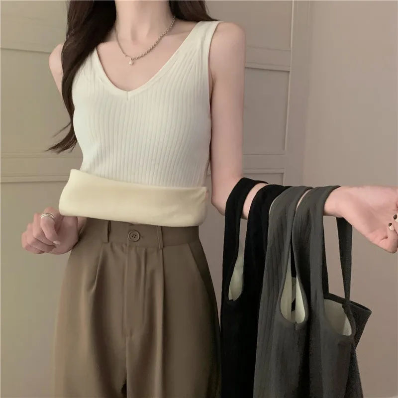 

Thiened Fce Warm Knitted Csole Vest Women's Early Autumn Top Svel Base irt Inner Wear for Autumn And Winter