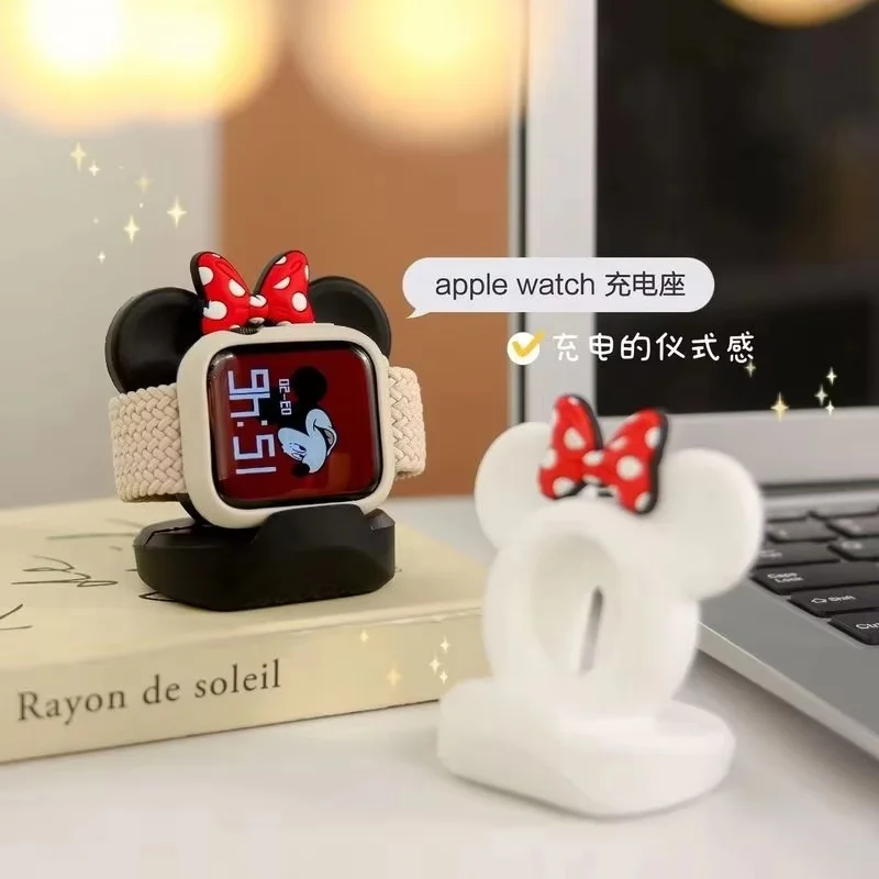 Mickey mouse disney carregador suporte minnie desktop titular para apple watch 8 7 6 5 4 iwatch 3 2 1 se silicone dos desenhos animados base de carregamento