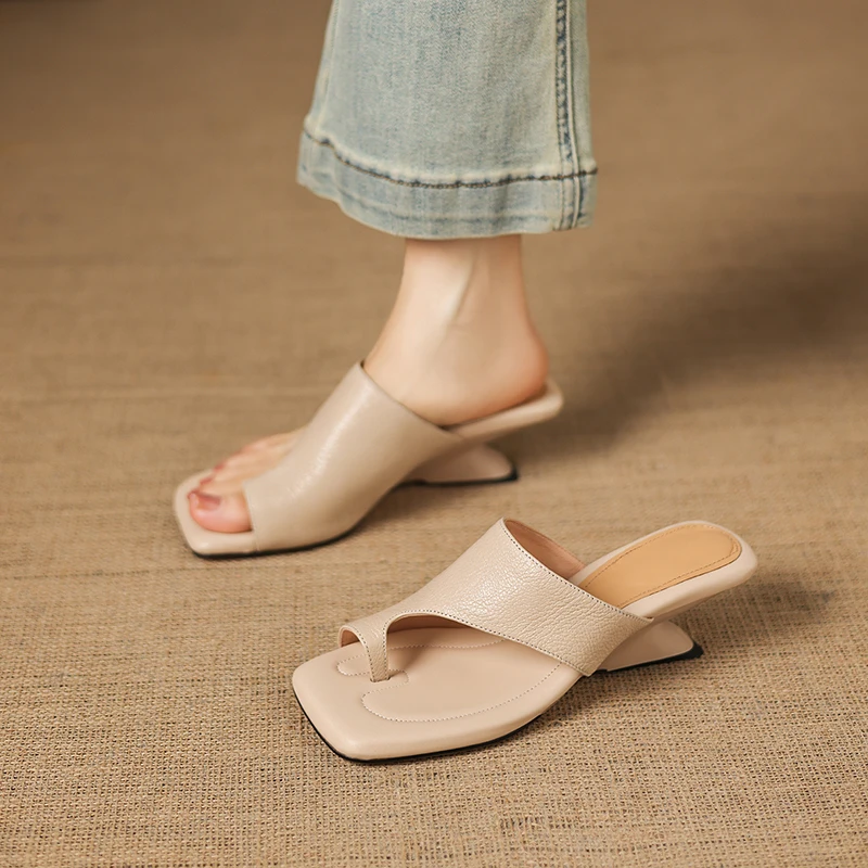2026 summer women sandals natural leather plus size 22-26cm sheepskin+cowhide+pigskin split toe mules high heel women slippers