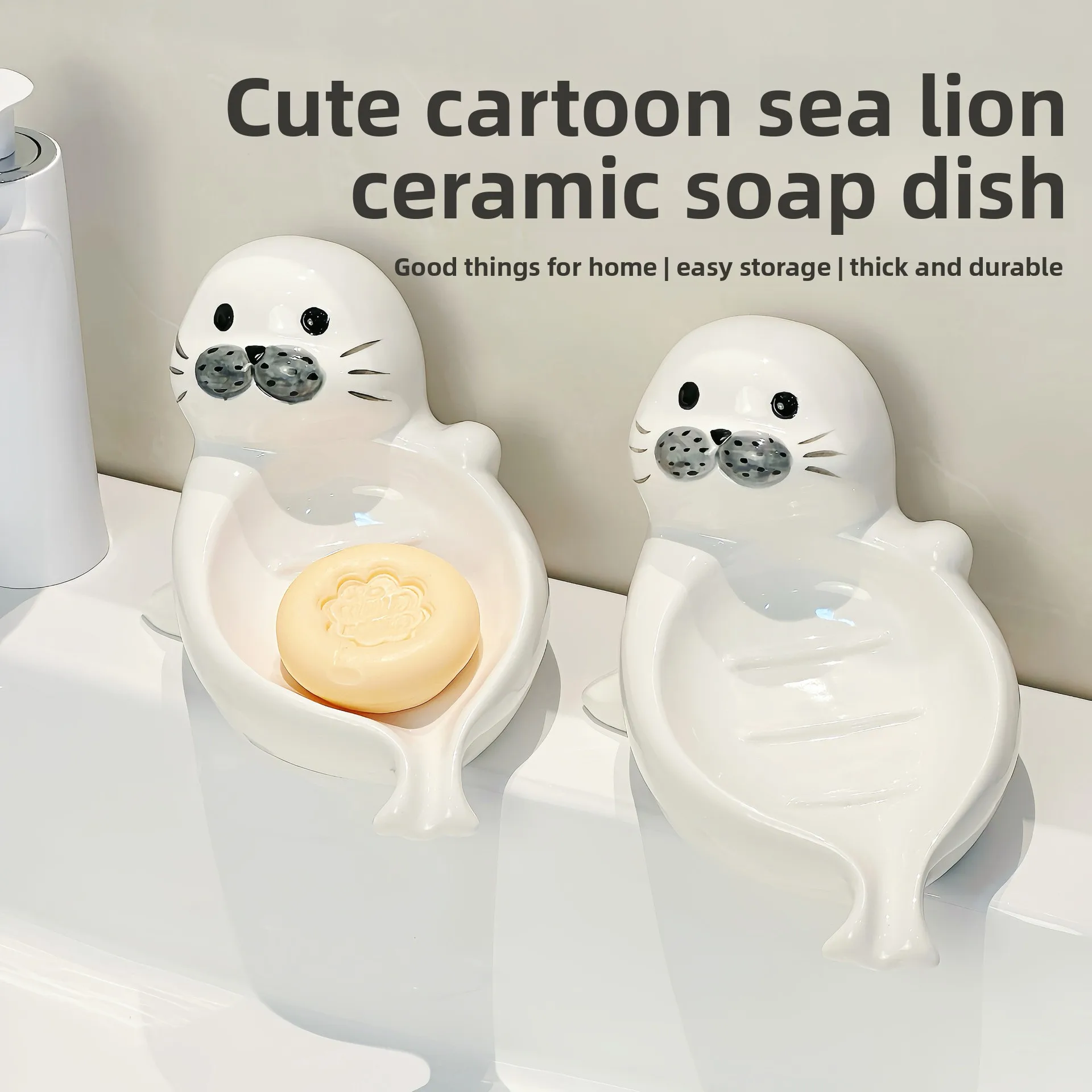Cute Sea Lion Soap Dish for Home Bathroom, No-Drill Creative Ceramic Soap Tray, High-Value Soap Holder