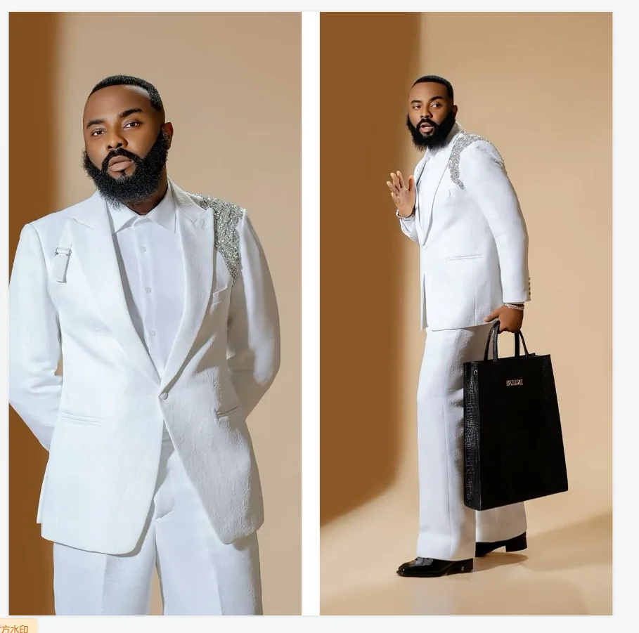 Męskie garnitury białe, zestaw 2-częściowy: marynarka + spodnie, zdobione kamieniami, smokingi ślubne, żakiet, formalny strój do biura, biznesowy, dla pana młodego, płaszcz męski.