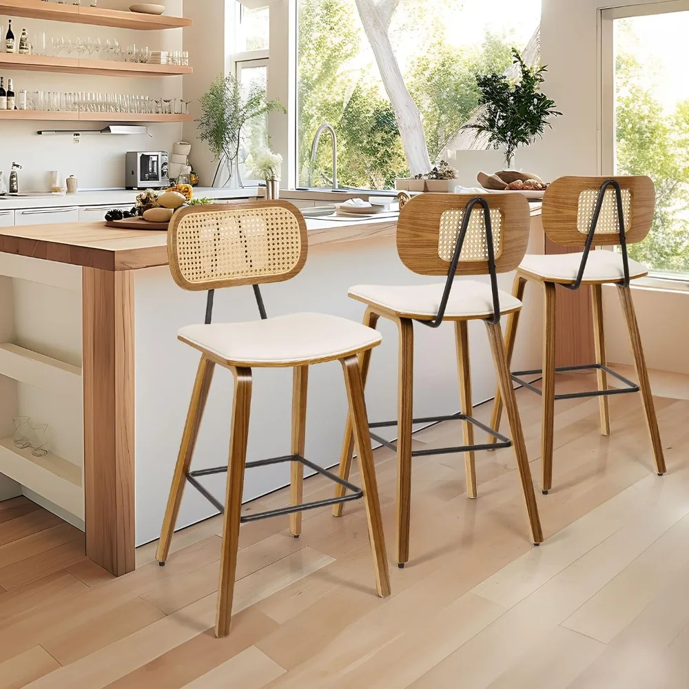 

Counter Height Bar Stools Set of 3, 26" Wood Kitchen Stool PU Leather Upholstered Barstool with Rattan Back Cream White