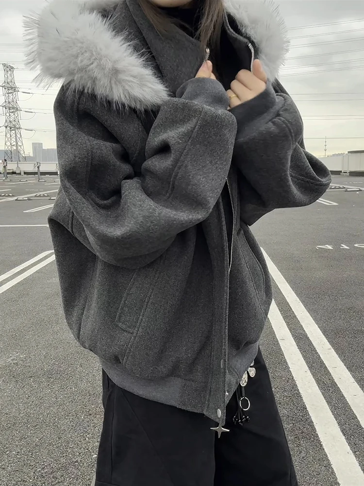 

Deep ey Hooded Thiened Wool Collar Cotton Jaet ex Autumn Winter Warm Polyester Fiber Long Sve Zipper Closure Coat