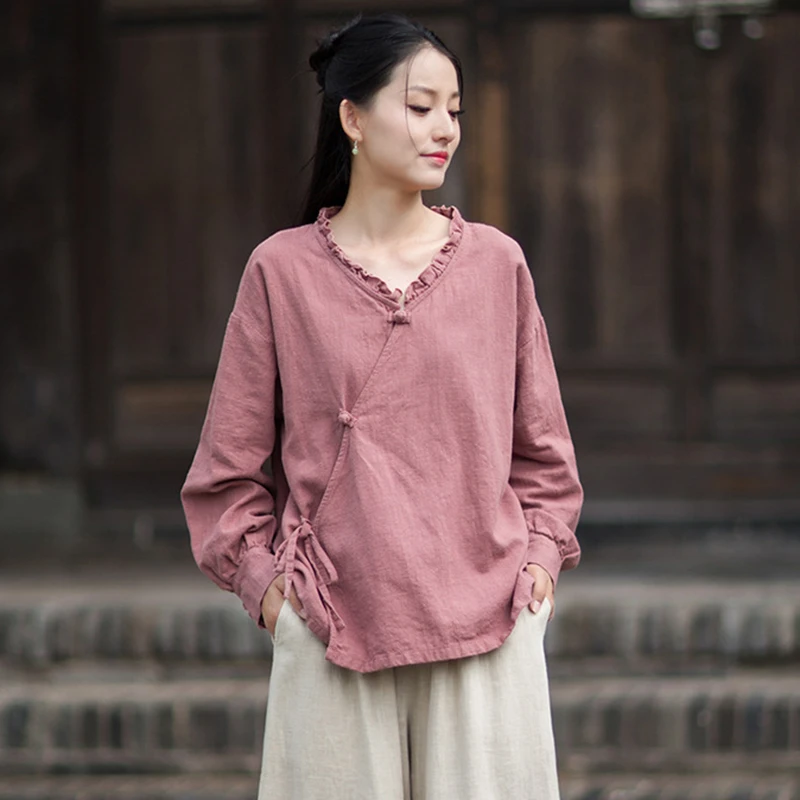

Chinese Style Women Long Sleeve Cotton Linen Shirt New 2025 Autumn Vintage V-neck Solid Color Female Casual Tops Shirts M1992