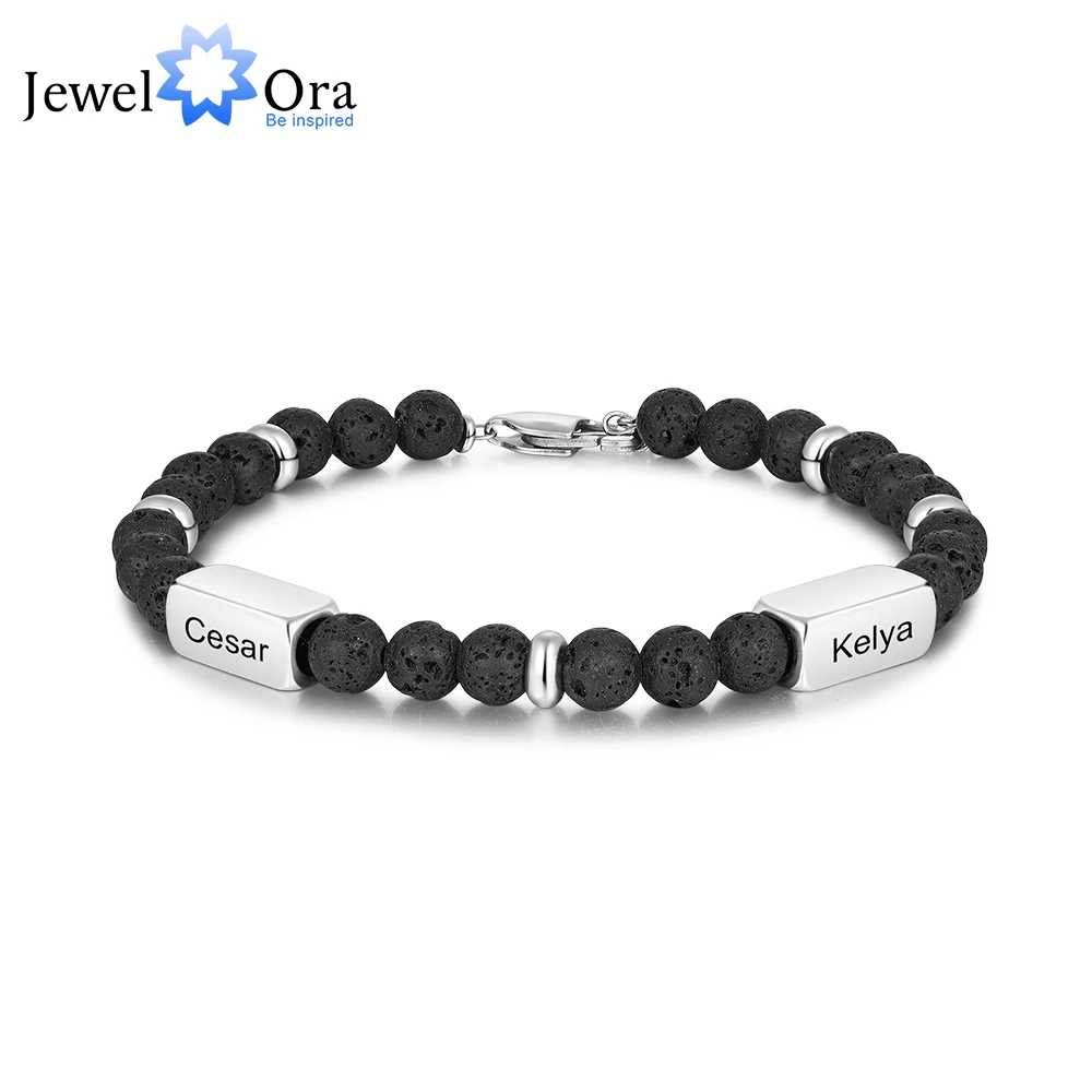 Personalize Men Beads Charm Bracelets Family Child Kids 12 3 4 Names Bangle Black Jewelry Gift for Father Dad Grandpa Husband