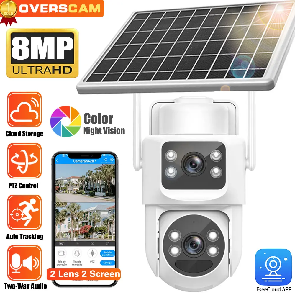 

8MP 4K WiFi Built-in Battery-Powered Dual Lens Outdoor IP66 Waterproof Camera PIR Human Detection With Solar Panel Charging PTZ