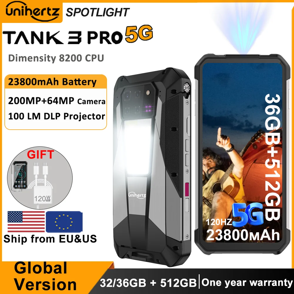 Unihertz Tank 3 Pro 8849 Rugged 5G Phone with 100 Lumens Projector Android 14 32GB 512GB 23800mAh Waterproof Phone WIFI 6 NFC