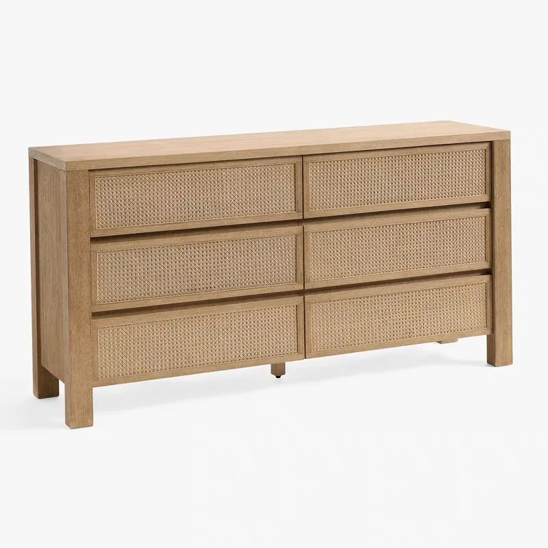 ^American Vintage Natural Rattan Wardrobe Bedroom Storage Cabinet Drawers Chest of Drawers