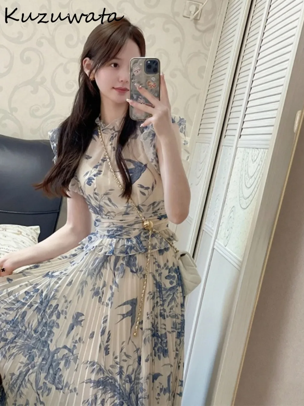 

Kuzuwata Elegant Light Luxury Flower High Waist Dress Fairy Patchwork Print New Chinese Style Robe Japan Chiffon Slim Vestidos