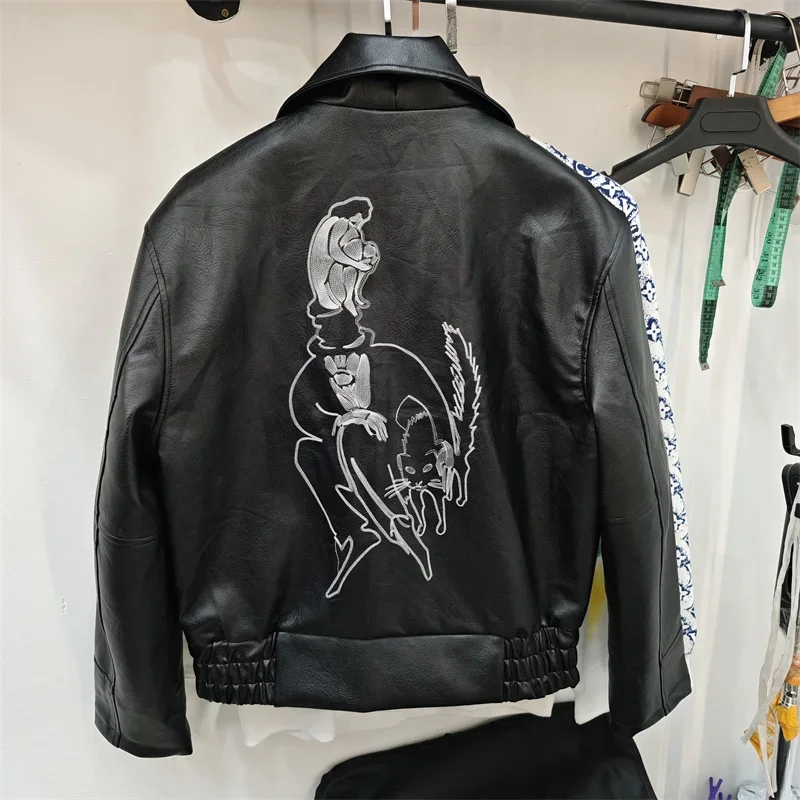 Man Black Erd jacket embroidered pattern fashionable casual Motorbike Leather Jacket