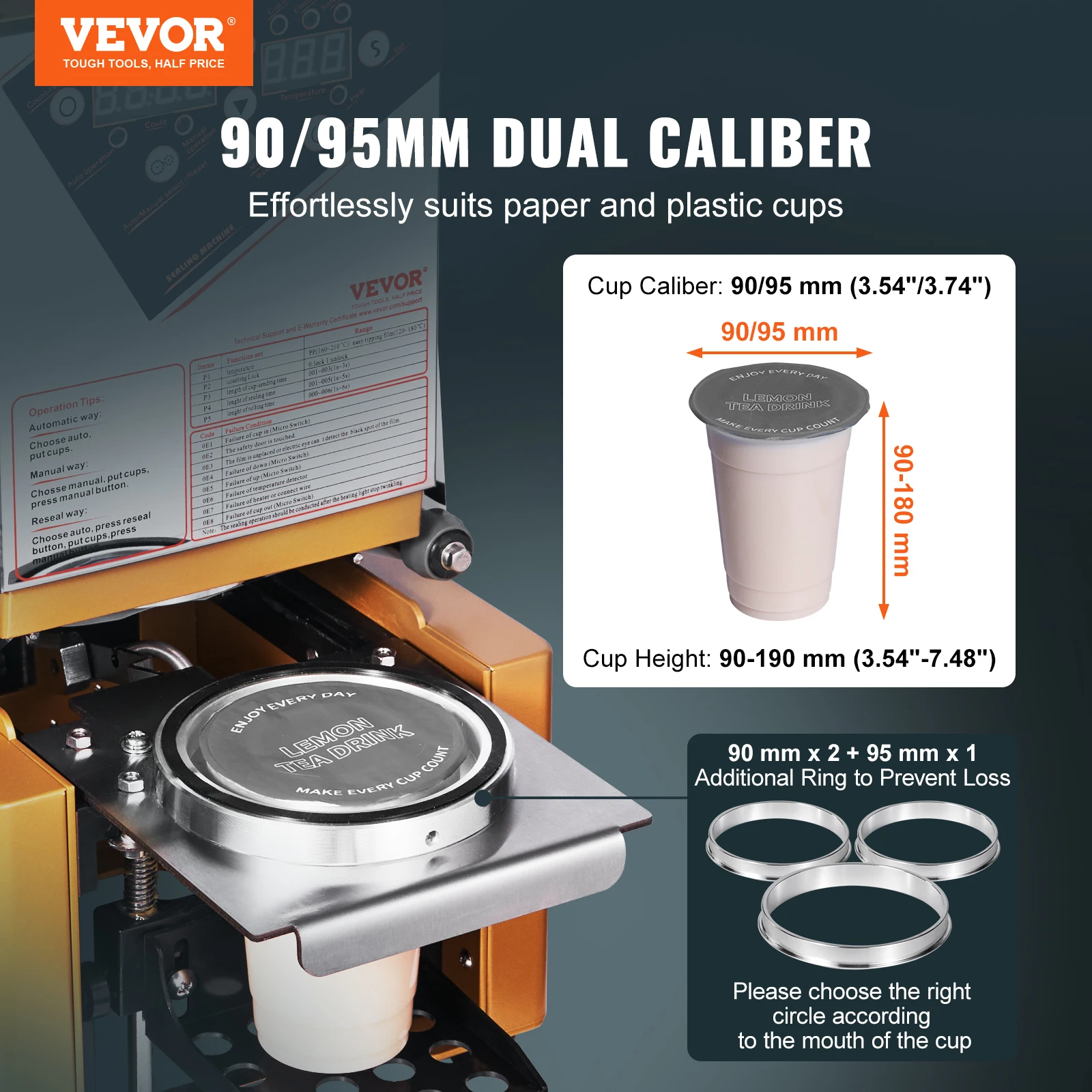 VEVOR Fully Automatic Cup Sealing Machine, 500-650 Cups/H, Cup Sealer Machine for 190 mm Tall & 90/95 mm Cup,for Milk Tea Coffee