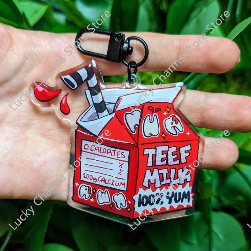 Funny Cartoon Milk Box Acrylic Keychain Kawaii Ghost Tomato Clown Teeth Drink Box Design Backpack Bag Charm Gift for Collection