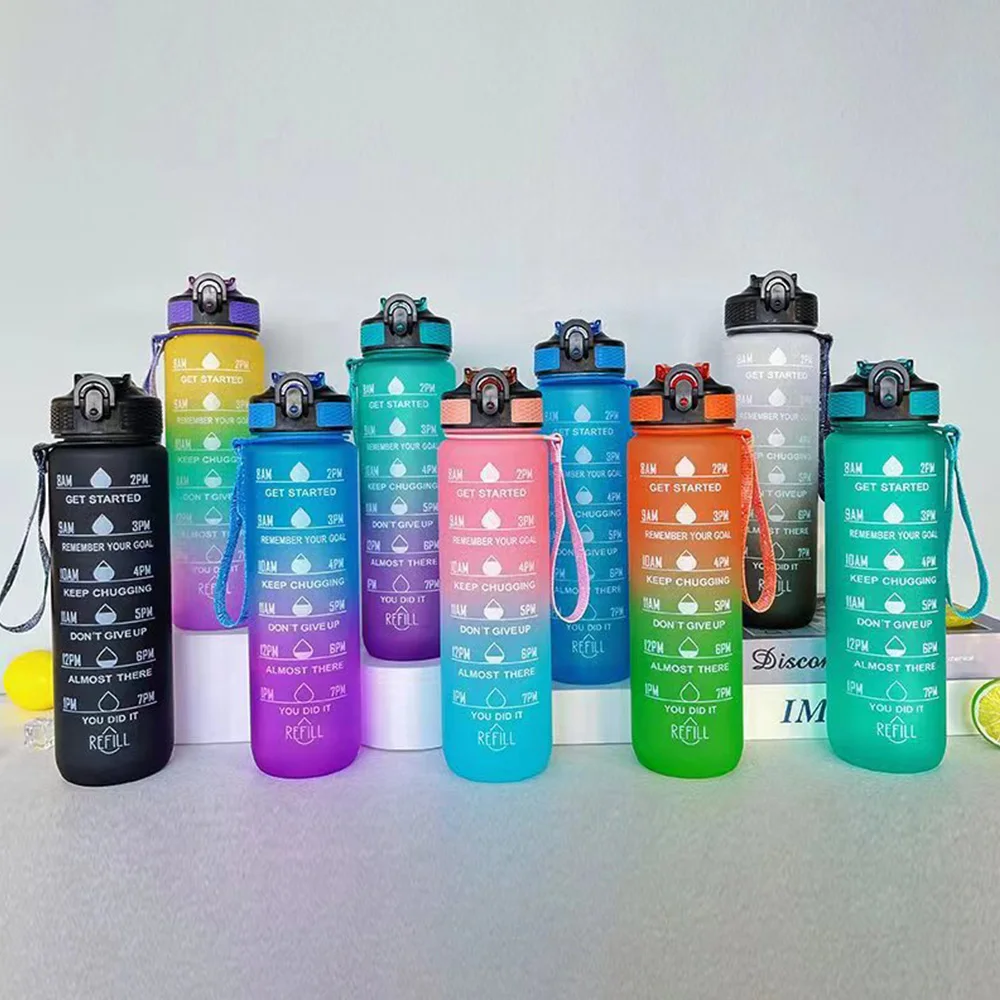 1L Sports Water Bottle With Straw Time Marker Gradient Color Motivational Bottle Leakproof Outdoor Student Drinking Water Cup