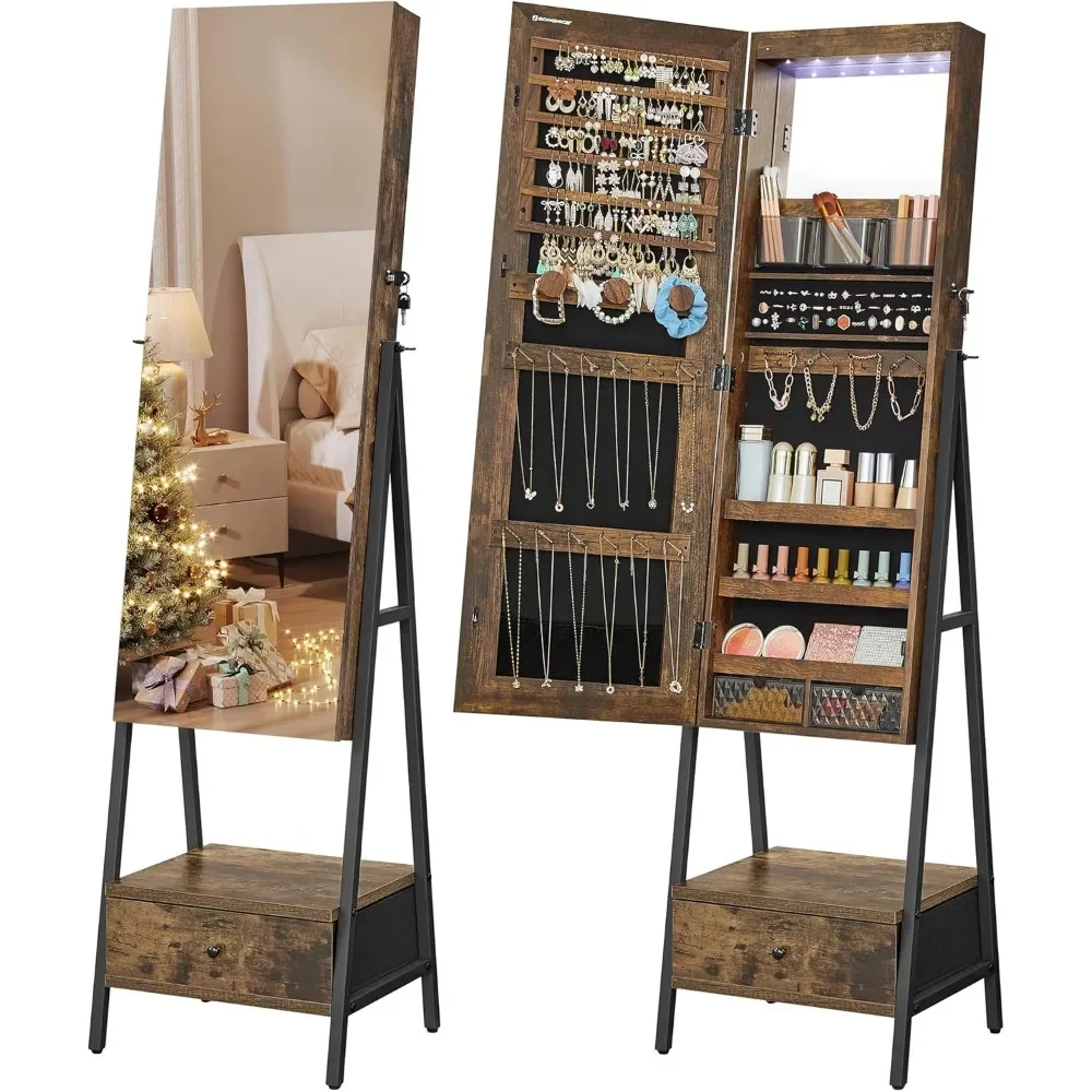Gabinete de joyería LED con espejo de longitud completa, organizador de almacenamiento con cerradura, acabado marrón rústico para decoración del hogar que ahorra espacio