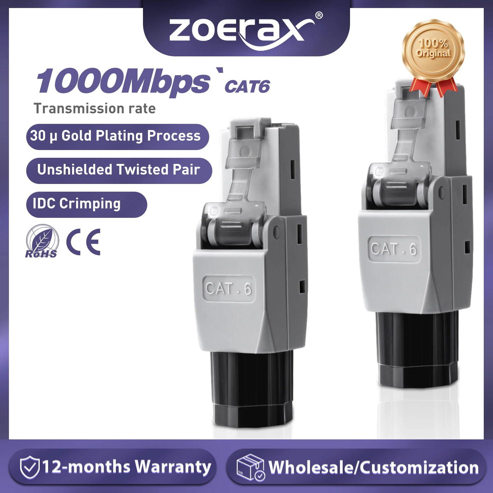 

ZoeRax RJ45 Connector Tool-Free, CAT6 Field Termination Plug, Gold Plated Modular Plug, UTP CAT6 Connector Toolless