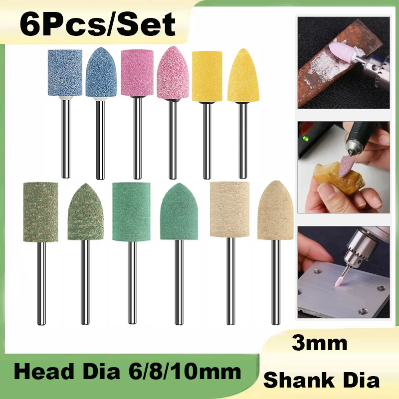 6Pcs/Set Abrasive Tools 3mm Shank 8mm 10mm 12mm Head Diameter Red Corundum Polishing Wheel Product Series Kit For Drill Rotary