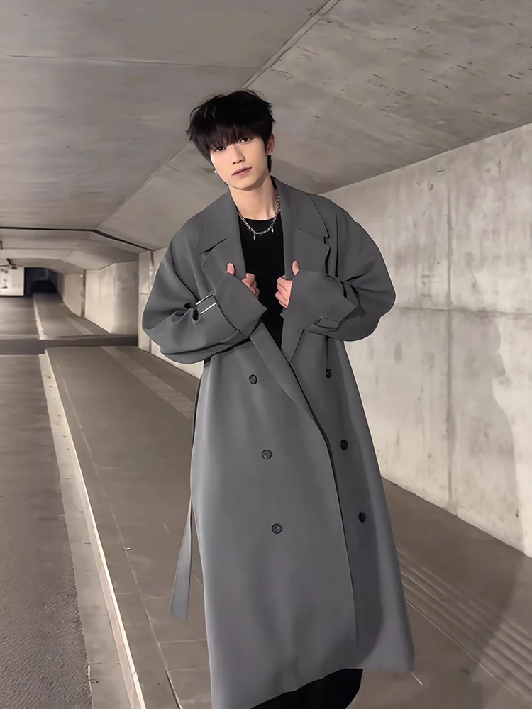 

Briti Preppy Sle Men's Long Overcoat Double Breasted Coat Knee Length Autumn Faion Youth ular Loose Fit No Ironing R...