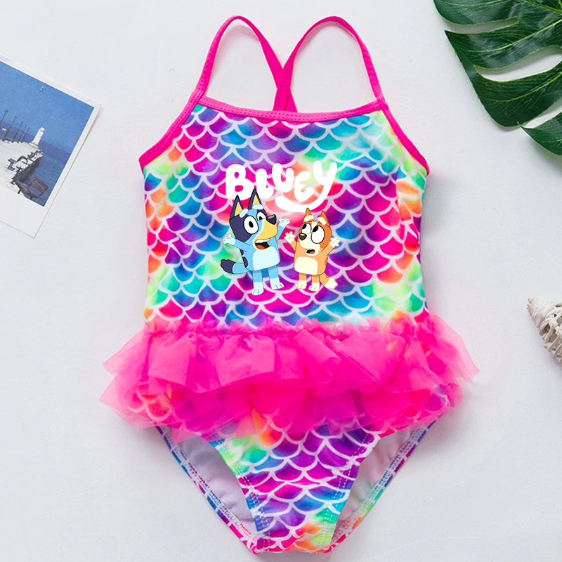 Traje de Baño de una Pieza para Niña, Diseño de Bluey, Estampado de Escamas de Sirena, Ropa de Playa, Piscina, Bikini