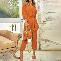 Y.KUKU 2024 Long Sleeve Jumpsuits For Women New Brand Autumn Solid Tie Waist V-neck Business Office One Pieces Overalls Female