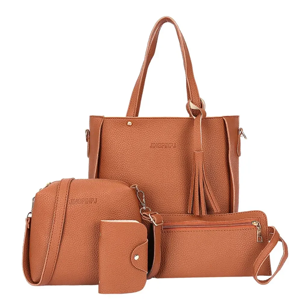 4 pieces/set Fashion Composit Bag Tassels Decoration Large Capacity PU Leather Handbag Shoulder Bag Crossbody Bag Purse Wallet