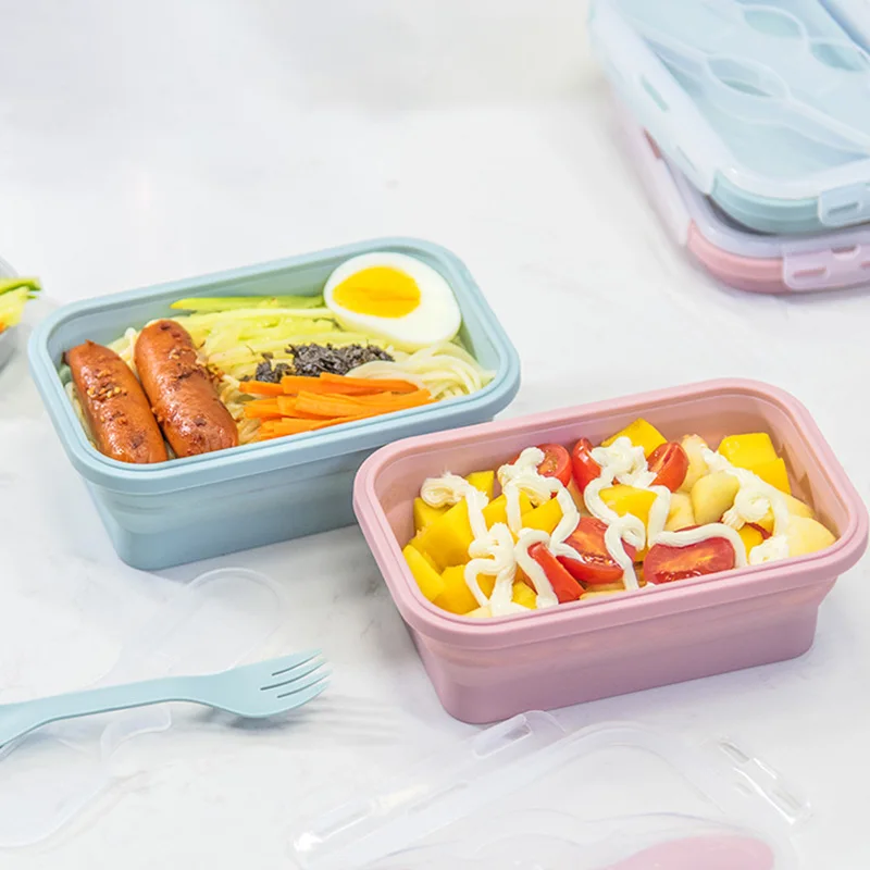 Foldable Silicone Lunch Box Portable Microwave oven Lunch Box with Fork Portable Lunch Box Refrigerated and Fresh-keeping Box