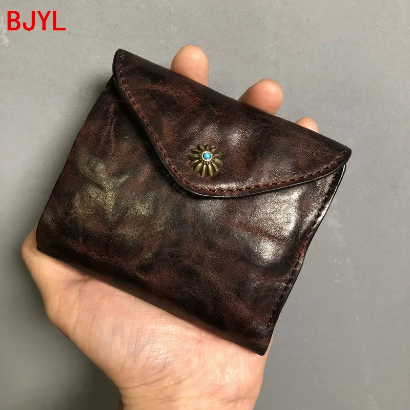 2024 New Men Short Wallet Handmade Vintage Leather Fold Mini Coin Purse Male Card Holder Cowhide Thin Wallets Original Zipper