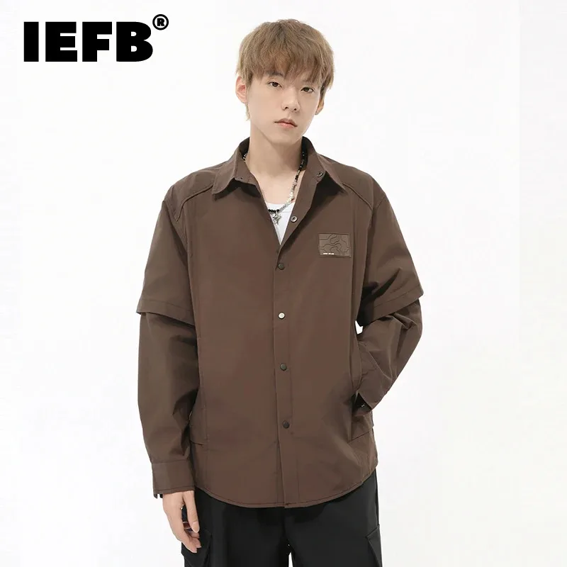 IEFB Solid Color Men's Jackets Turn-down Collar Fake Two-piece Casual Single Breasted Tops Loose New Trendy Coats Autumn 9C7868