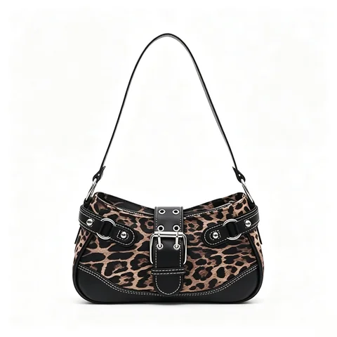 Y2K Leopard Print Underarm Shoulder Bag For Women Retro Buckle Splicing PU Leather Baguette Handbag Trendy Ladies Street Hobo Purse Daily Party