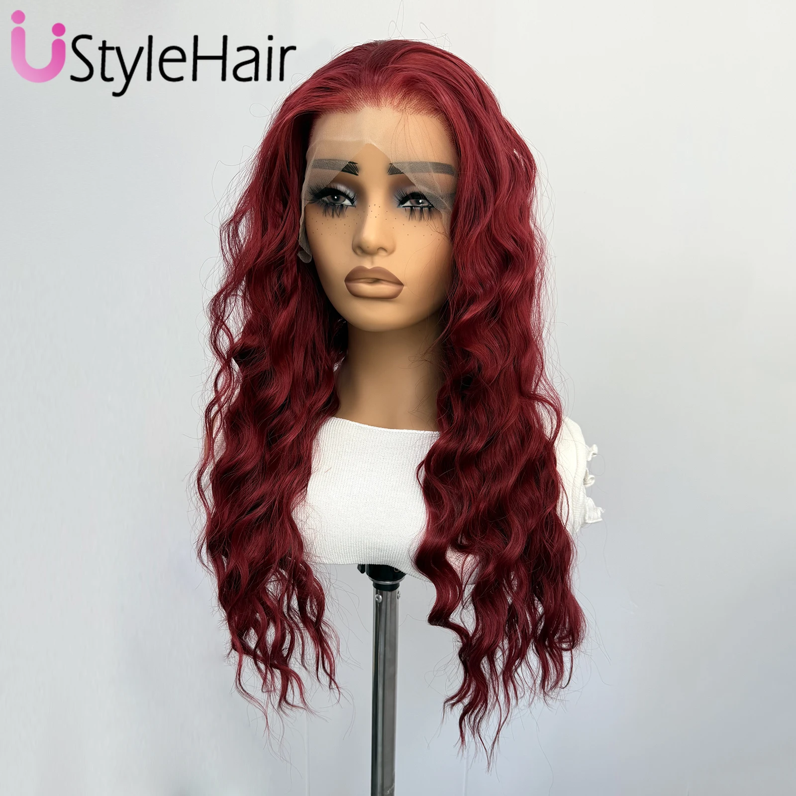 UStyleHair بورجوندي الدانتيل شعر مستعار أمامي طويل الجسم موجة الشعر الاصطناعية 13x4 غلويليس شعري طبيعي الباروكات ارتداء اليومي تأثيري الباروكات