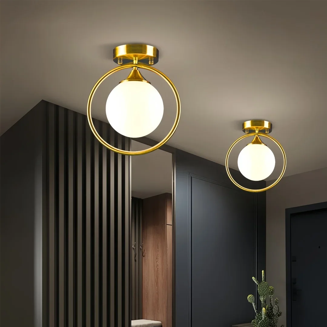 TechHPModern Gold Globe Ceiling Light, Stylish Circle Frame Flush Mount Lamp For Foyer, Bedroom, Corridor E14