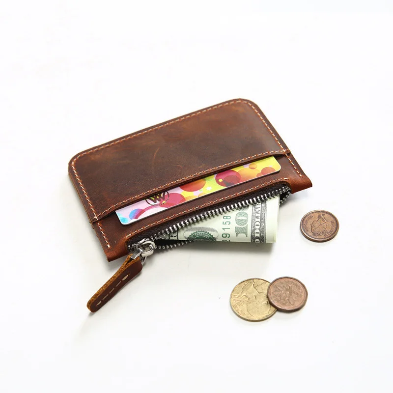 Genuine Leather Coin Purse For Men Male Vintage Handmade Crazy Horse Short Slim Mini Zipper Wallet Money Bag Card Holder