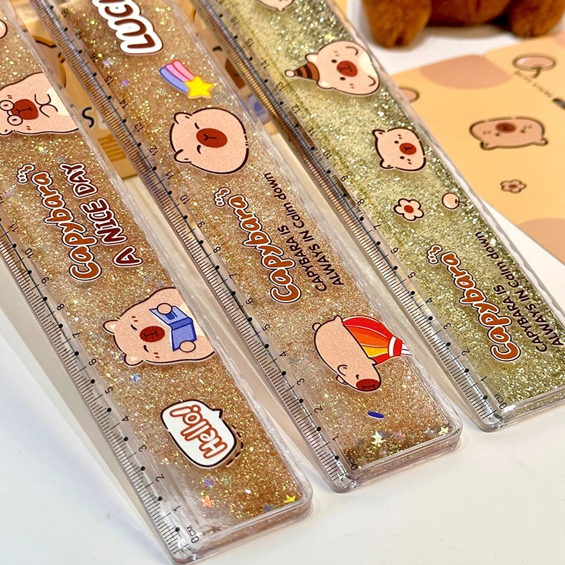 Cartoon Lovely Capybara Flowing Sand Ruler Cute Plastic Straightedge Protractor Portable Measuring Tools School Office Supplies