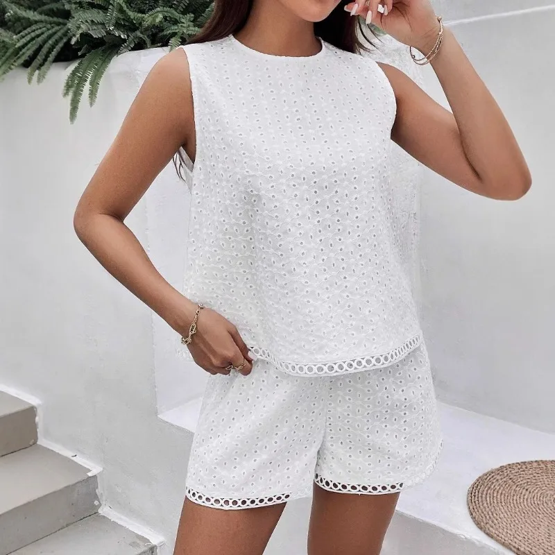 

2025 Summer Solid Hollow Out Vacation Beach 2 Piece Set Women O Neck Sleeveless Backless Tank Top Elastic High Waist Shorts