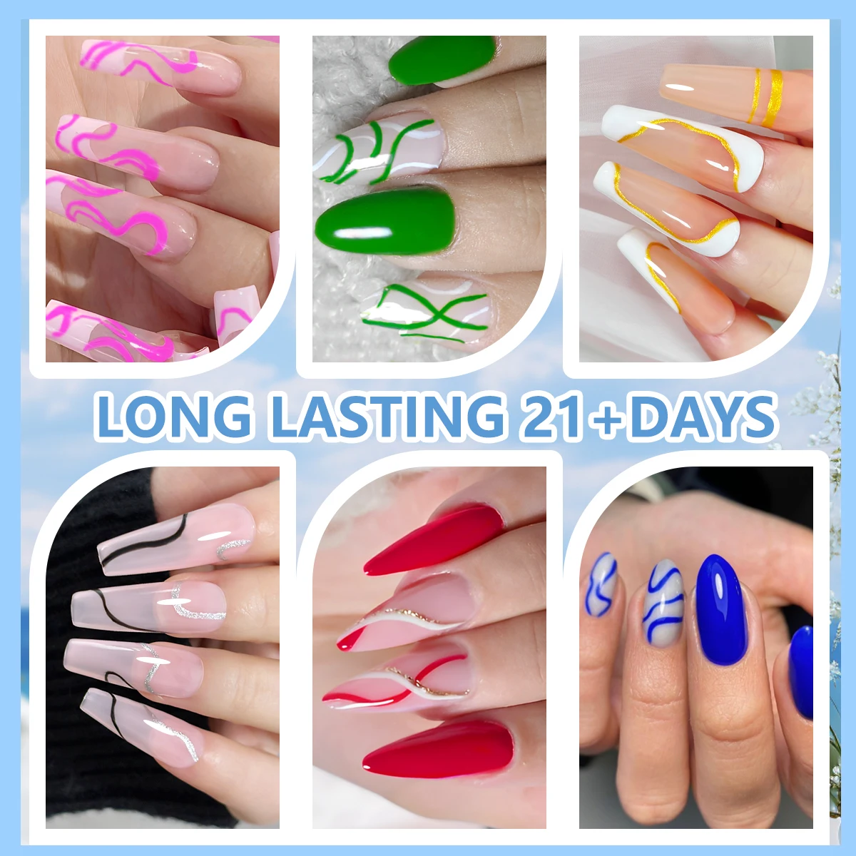 Heimat Frisch 6 Color Gel Nail Liner Set, soak-to-remove hardener, liquid form, alcohol-free, includes a fine detail brush, bl