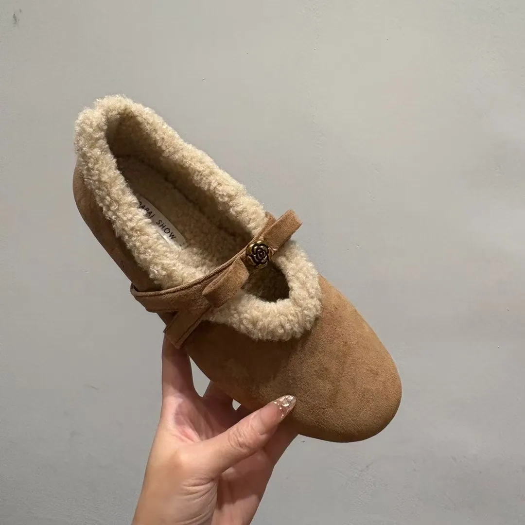 

High quality winter susede women's round headed wool flat shoes, comfortable and fashionable casual single shoes
