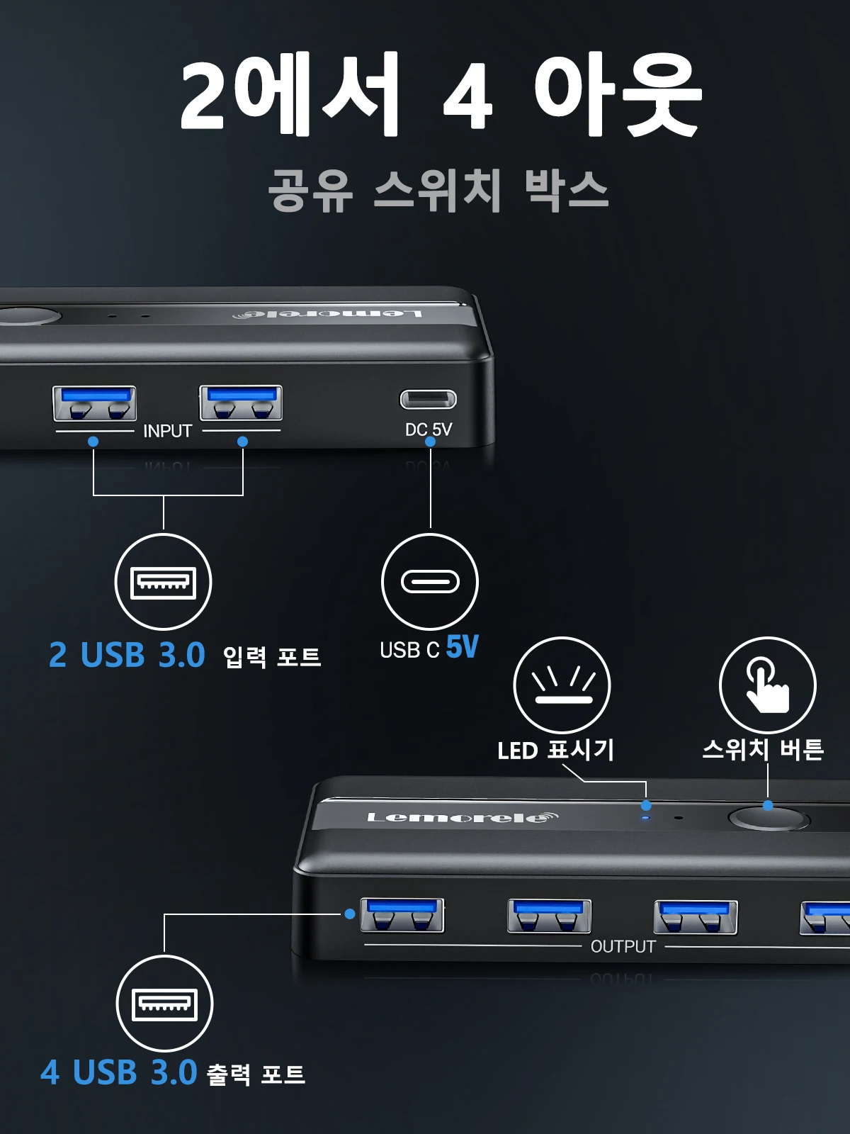 Lemorele USB KVM Switch Adapter USB 3.0 Switcher 2 Input 4 Output USB Switch KVM Switcher Printer Sharer For Computer Keyboard