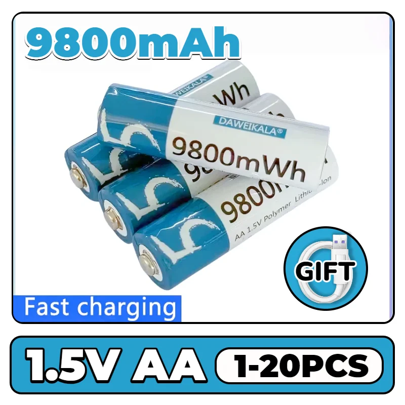 

AA Lithium-ion Battery 1.5V 9800mWh Rechargeable Battery for Remote Control Mouse Small Fan Electric Toy Fast Charging