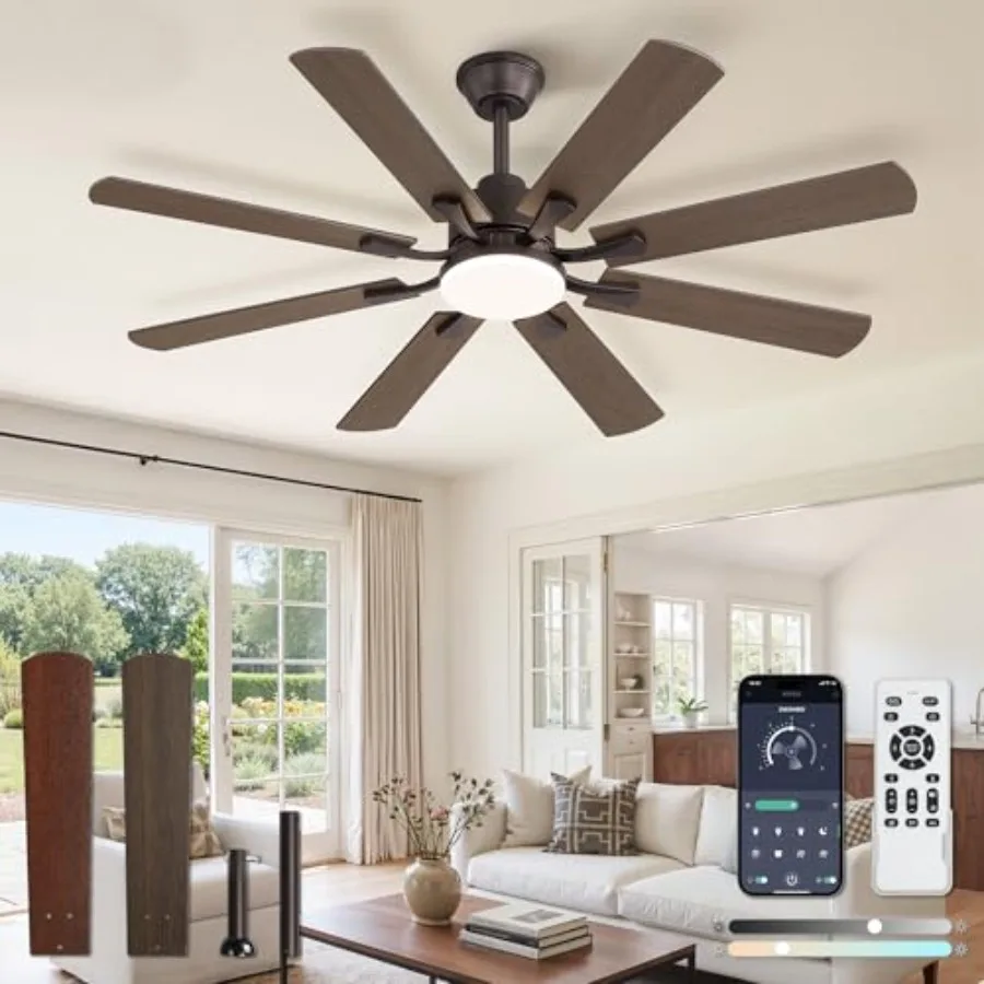 

52 inch Ceiling Fan with Light and Remote for Bedroom Living Room, Oil Bronze, 8 Blades, 20W LED, Quiet DC Motor, 6 Speeds, Ste