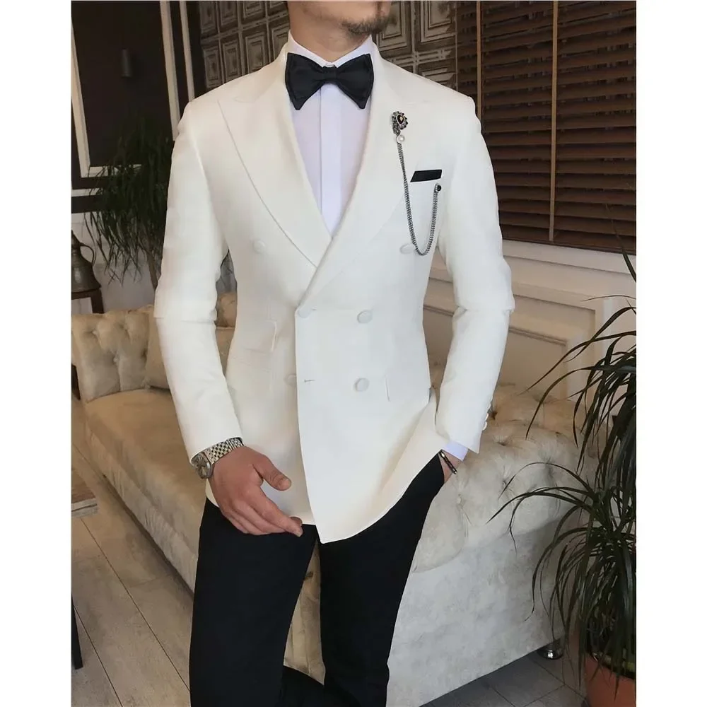 

Slim Fit White Blazer Black Pants 2 Piece Double Breasted Peak Lapel Smart Casual Full Set Men Suits Office Terno Customized