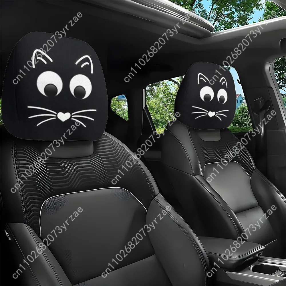 

Cute Black White Cat Seat Headrest Cover (2pcs) Environmentally Friendly Headrest Protector Breathable Comfortable Vehicle Decor