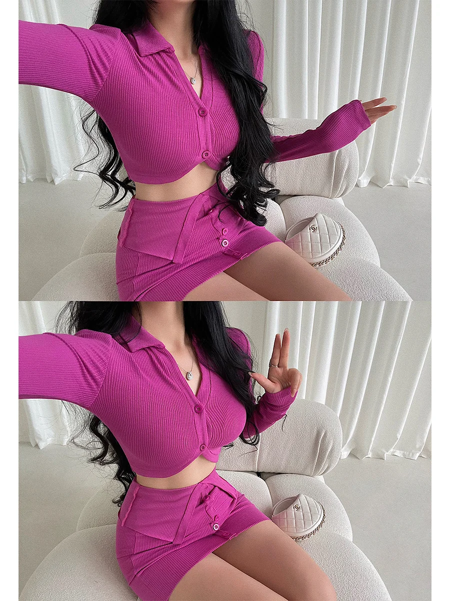 WOMENGAGA Spicy Girl Korean Style Sexy Short Sleeve Cardigan Single Breasted Sweater Slim Hip Short Skirt Knit Set T Shirt UT8S