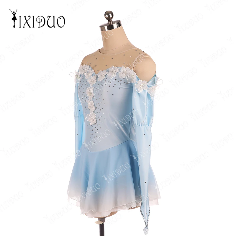 Women Figure Skating Competition Training Dress Customized Girls\' Light Blue Long Sleeve Artistic Gymnastics Performance Dress