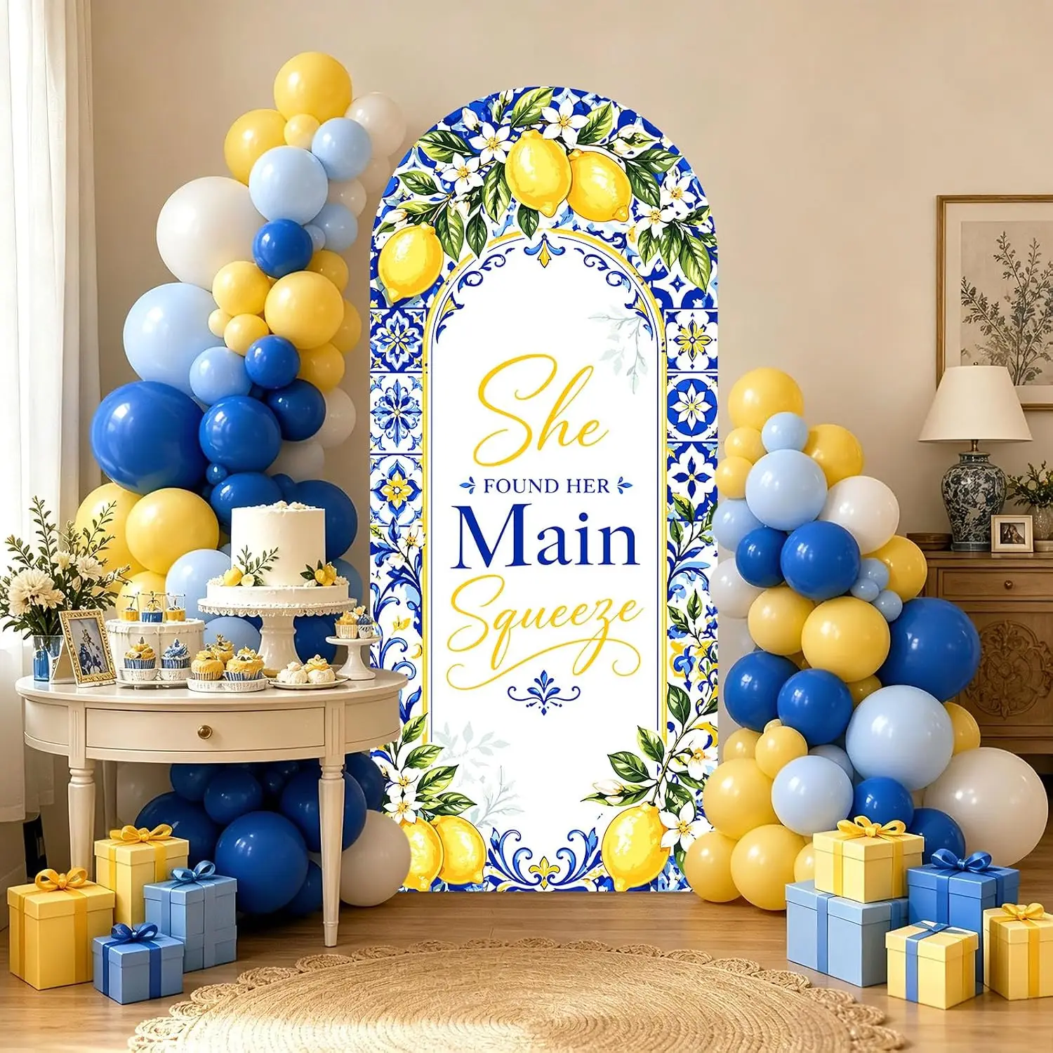 2-sided She Found Her Main Squeeze Party Banner Background Lemon Wedding Bridal Shower Blue Tiles Floral Arch Backdrop Cover