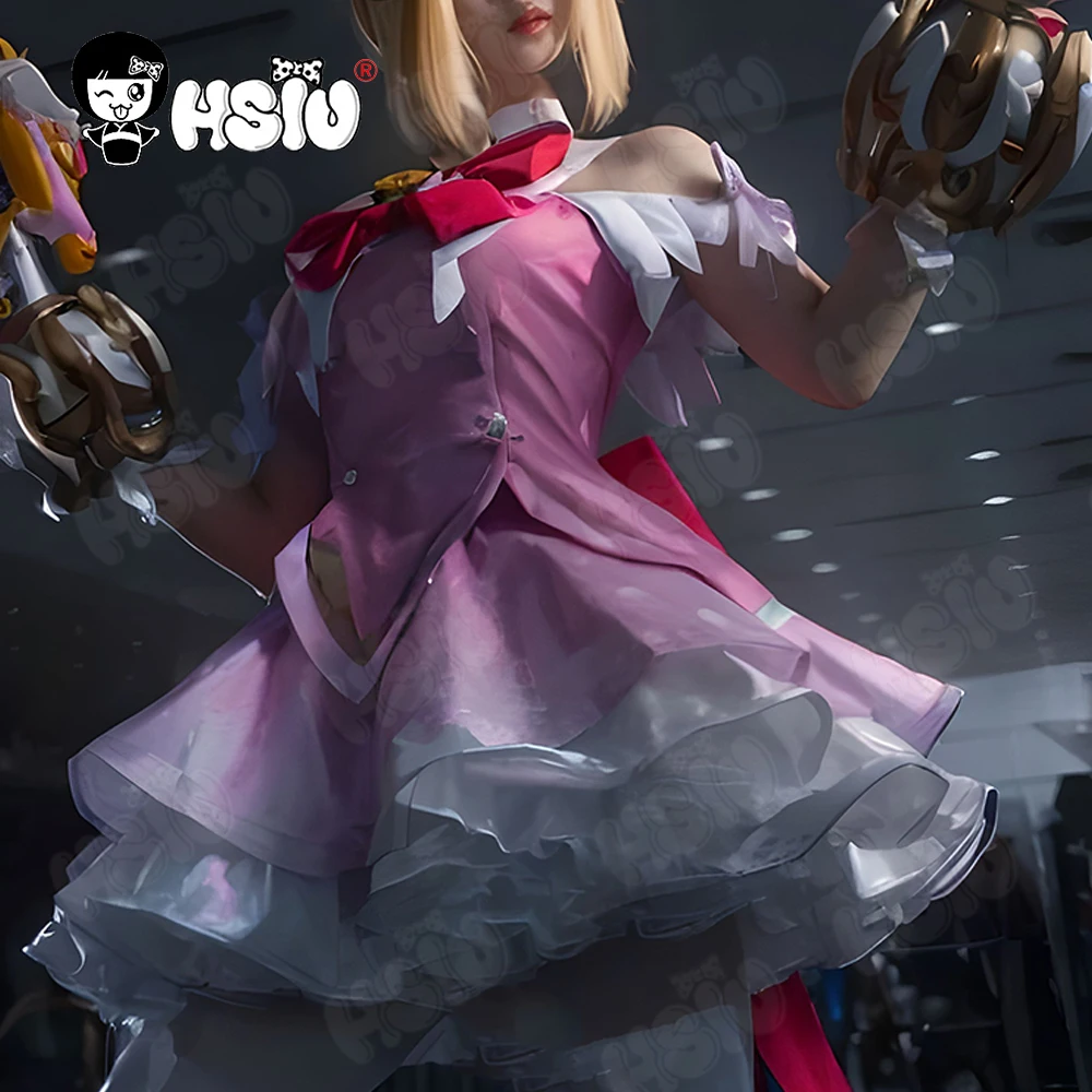 Peluca de disfraz de Juno, HSIU, Rubio, melocotón, rosa, pelo corto, chica mágica, falda rosa de piel, juego Overwatch, peluca de disfraz de Juno