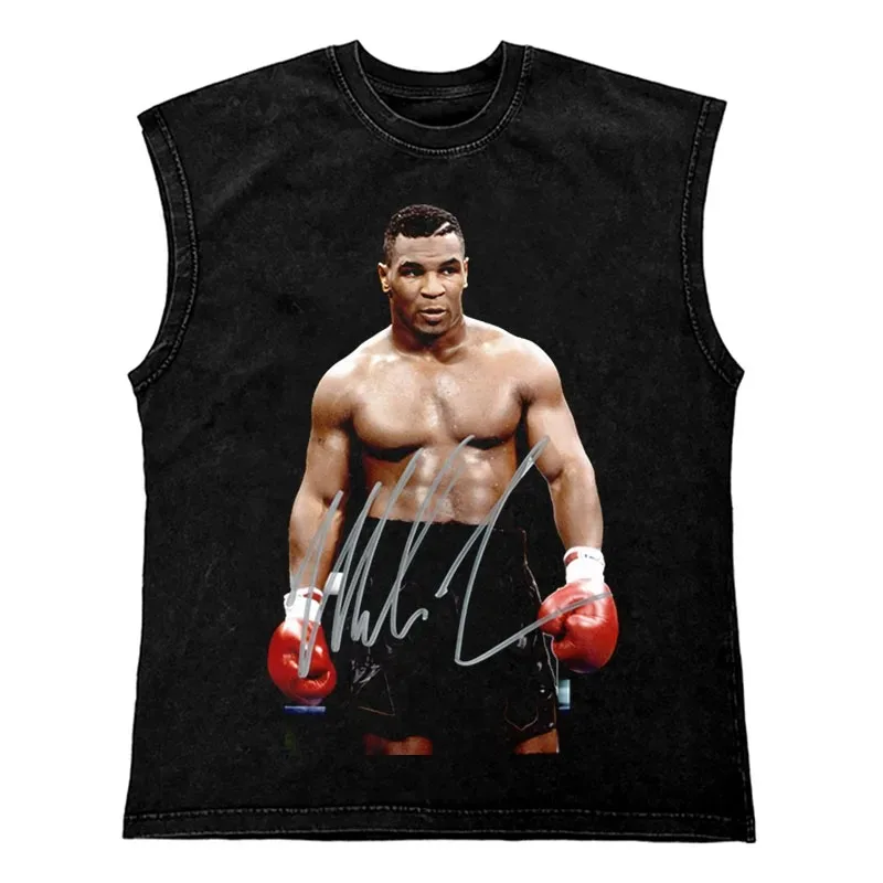 Hip Hop Streetwear T Shirt Men Washed Vest Oversized Cotton Combat Boxing Portrait Graphic Tank Tops 270Gym Tee Top Men Clothing